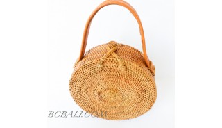 rattan hand woven ata grass lining full handmade circle short handle leather 